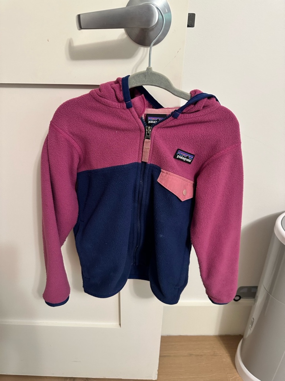 Patagonia Kids Two-Tone Hooded Fleece Jacket in Pink & Navy
